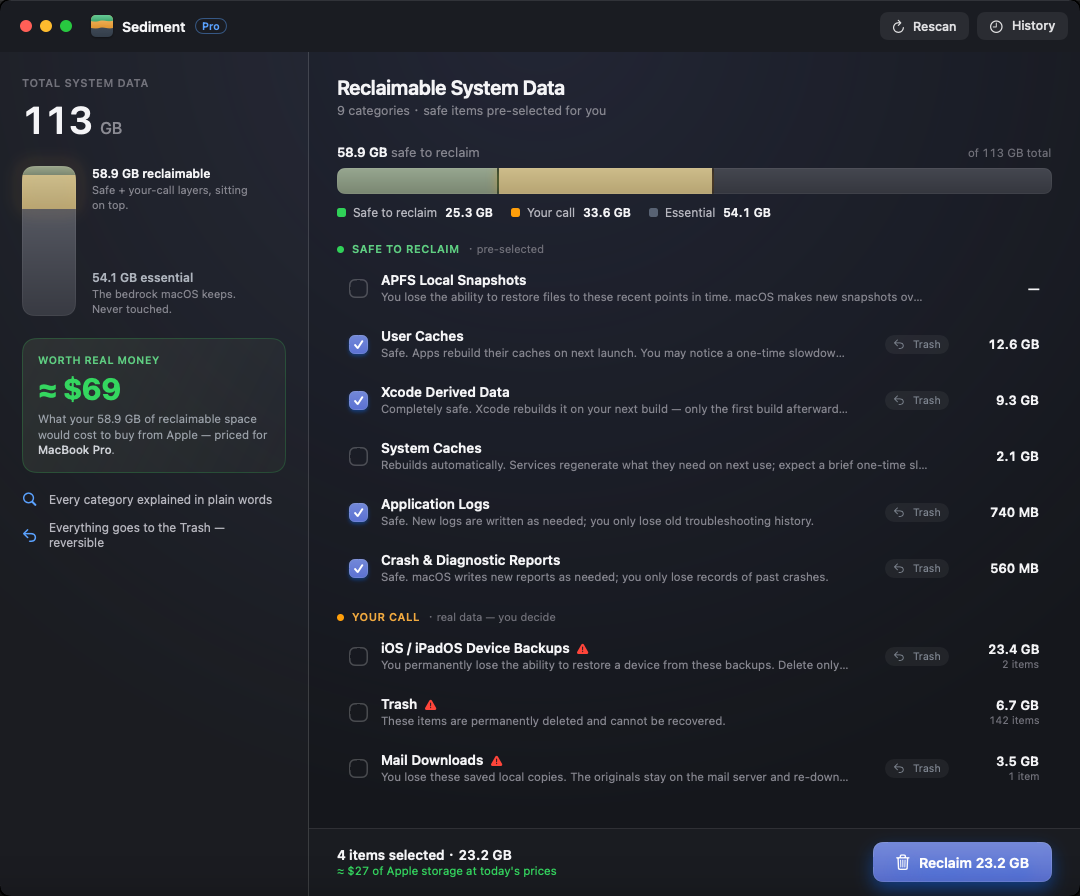 Sediment showing a 113 GB System Data breakdown — 58.9 GB safe to reclaim — with every category explained in plain words.